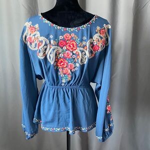 Savanna Jane Blue Blouse with Floral Embroidery
